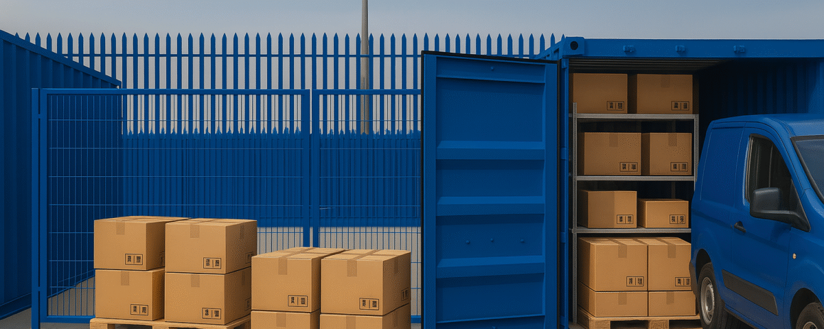 Blue 20ft container with shelves of stock inside a secure fenced Micro Yard in Linlithgow, with pallets and a small van parked beside it, showing cost-effective business storage.