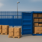 Blue 20ft container with shelves of stock inside a secure fenced Micro Yard in Linlithgow, with pallets and a small van parked beside it, showing cost-effective business storage.