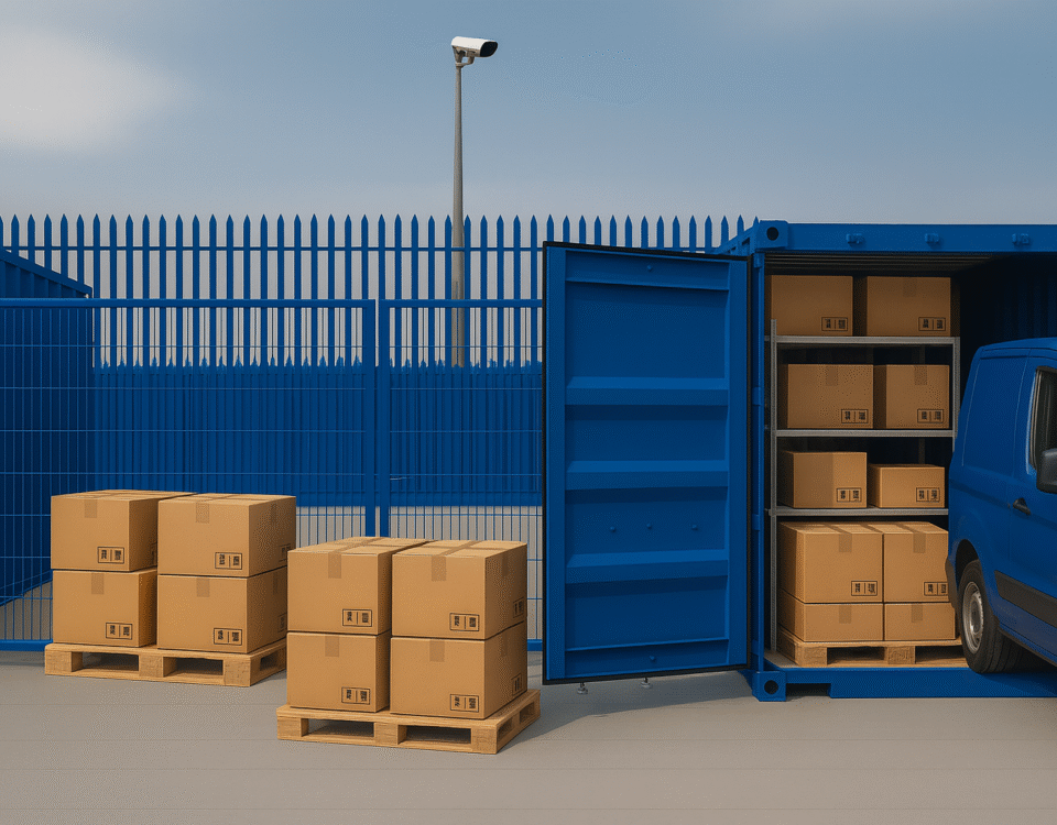 Blue 20ft container with shelves of stock inside a secure fenced Micro Yard in Linlithgow, with pallets and a small van parked beside it, showing cost-effective business storage.