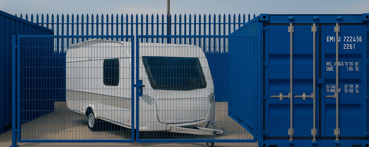 Car parked securely inside a fenced Micro Yard beside a 20ft blue container, showing vehicle and storage space with CCTV protection in Linlithgow.