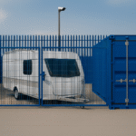 Car parked securely inside a fenced Micro Yard beside a 20ft blue container, showing vehicle and storage space with CCTV protection in Linlithgow.