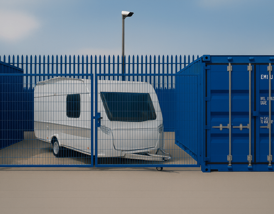 Car parked securely inside a fenced Micro Yard beside a 20ft blue container, showing vehicle and storage space with CCTV protection in Linlithgow.