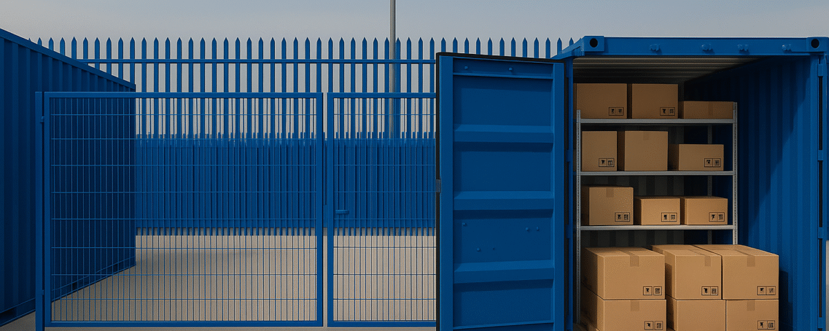 Blue 20ft container inside a fenced Micro Yard in Linlithgow, neatly stacked with e-commerce stock on pallets and shelves, secured with CCTV monitoring.