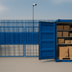 Blue 20ft container inside a fenced Micro Yard in Linlithgow, neatly stacked with e-commerce stock on pallets and shelves, secured with CCTV monitoring.