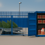 Flatbed trailer loaded with Christmas trees parked in a fenced Micro Yard beside a 20ft blue container filled with neatly organised festive stock, monitored by CCTV in Linlithgow.