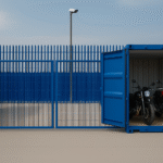 Two motorbikes stored inside a blue 20ft container within a fenced Micro Yard in Linlithgow, showing safe and secure vehicle storage with CCTV monitoring.