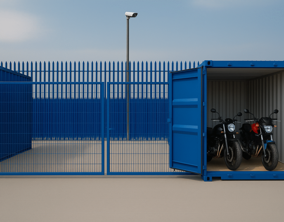 Two motorbikes stored inside a blue 20ft container within a fenced Micro Yard in Linlithgow, showing safe and secure vehicle storage with CCTV monitoring.