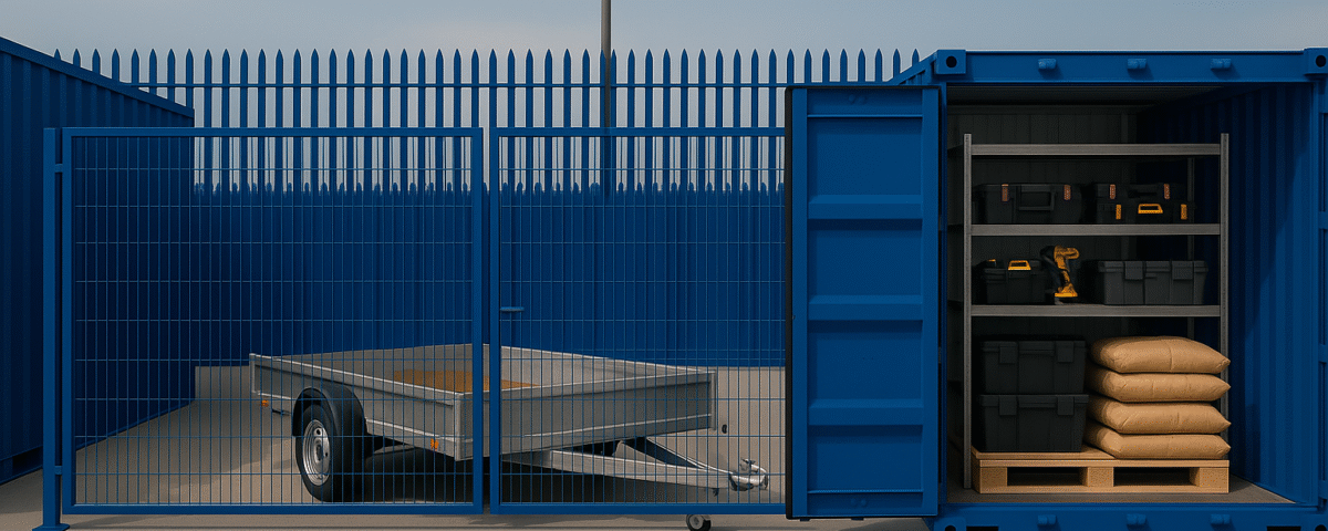 Flatbed trailer parked inside a fenced Micro Yard with a 20ft blue container open, showing neatly organised tradesman’s stock and tools, secured by CCTV monitoring.