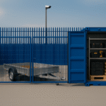 Flatbed trailer parked inside a fenced Micro Yard with a 20ft blue container open, showing neatly organised tradesman’s stock and tools, secured by CCTV monitoring.