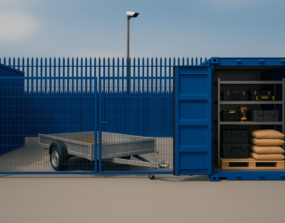 Flatbed trailer parked inside a fenced Micro Yard with a 20ft blue container open, showing neatly organised tradesman’s stock and tools, secured by CCTV monitoring.