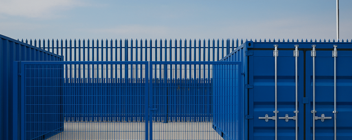 Secure blue self-storage containers at Micro Yards facility with fenced yard and CCTV.