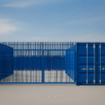 Secure blue self-storage containers at Micro Yards facility with fenced yard and CCTV.