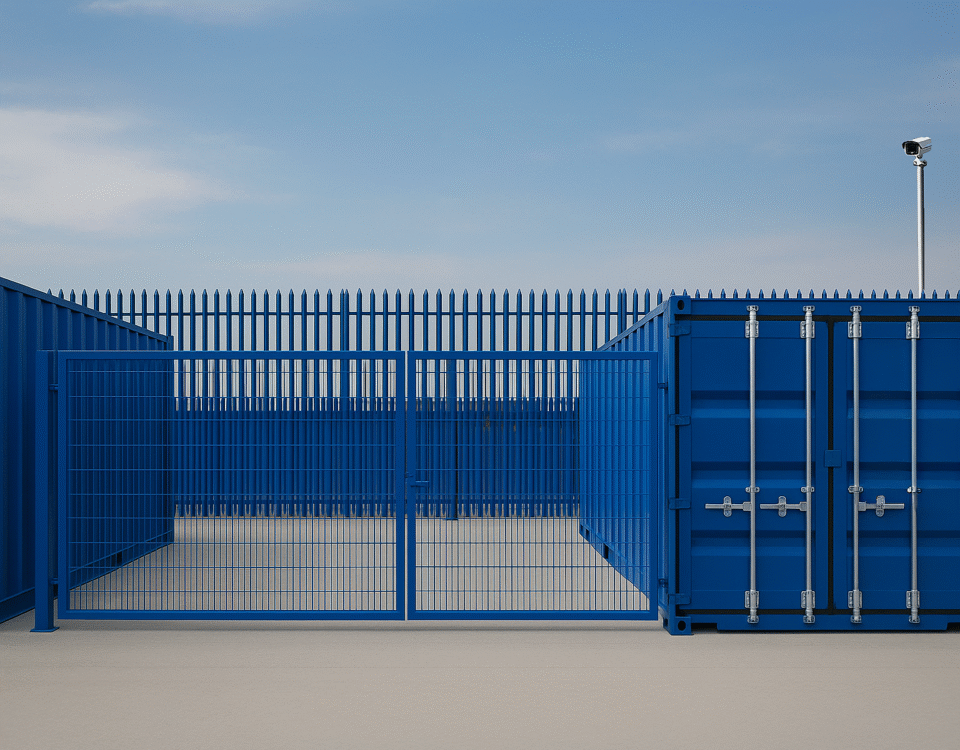 Secure blue self-storage containers at Micro Yards facility with fenced yard and CCTV.