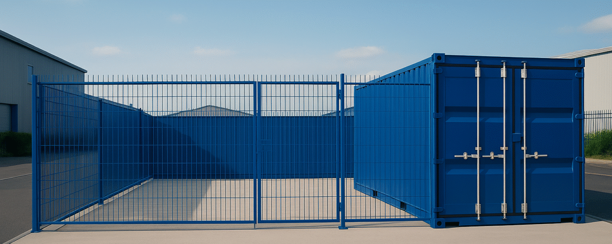 Secure Micro Yard with RAL 5010 blue container and fencing on a concrete surface at Mill Road Industrial Estate, Linlithgow — a modern alternative to Park Farm Storage.