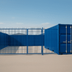 Secure Micro Yard with RAL 5010 blue container and fencing on a concrete surface at Mill Road Industrial Estate, Linlithgow — a modern alternative to Park Farm Storage.
