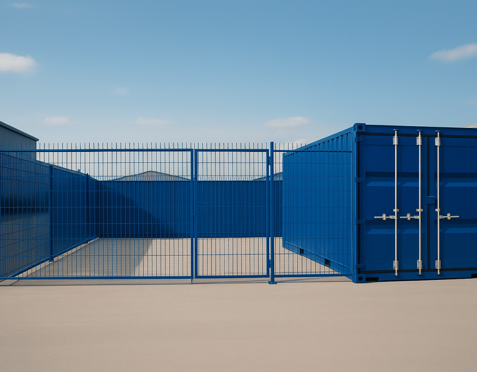 Secure Micro Yard with RAL 5010 blue container and fencing on a concrete surface at Mill Road Industrial Estate, Linlithgow — a modern alternative to Park Farm Storage.