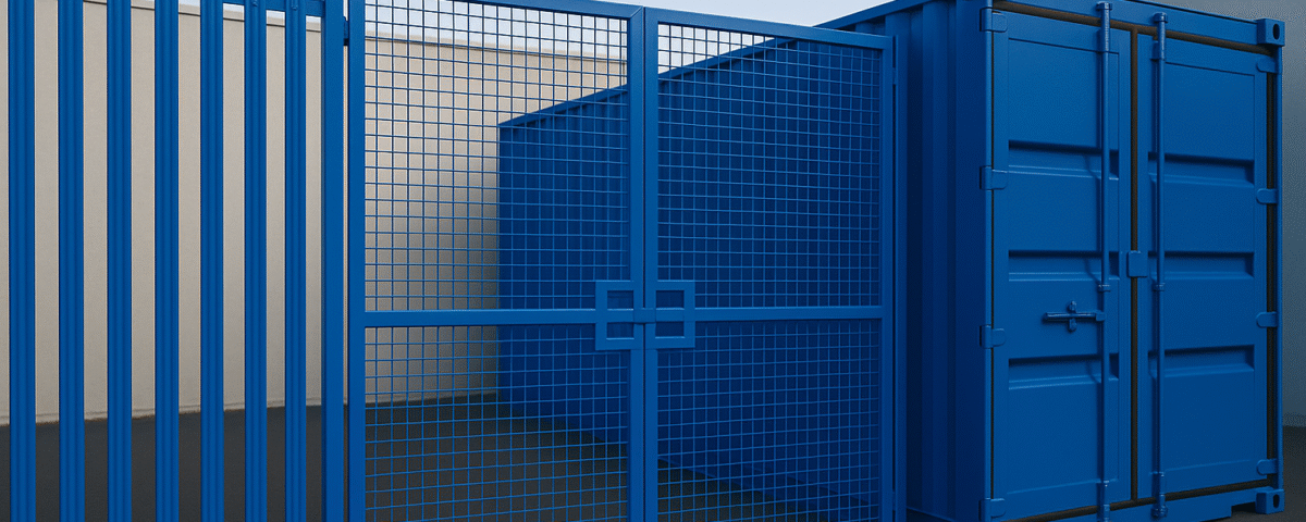 RAL 5010 blue shipping container with fenced yard and palisade security fence at Micro Yards, Linlithgow