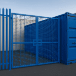 RAL 5010 blue shipping container with fenced yard and palisade security fence at Micro Yards, Linlithgow