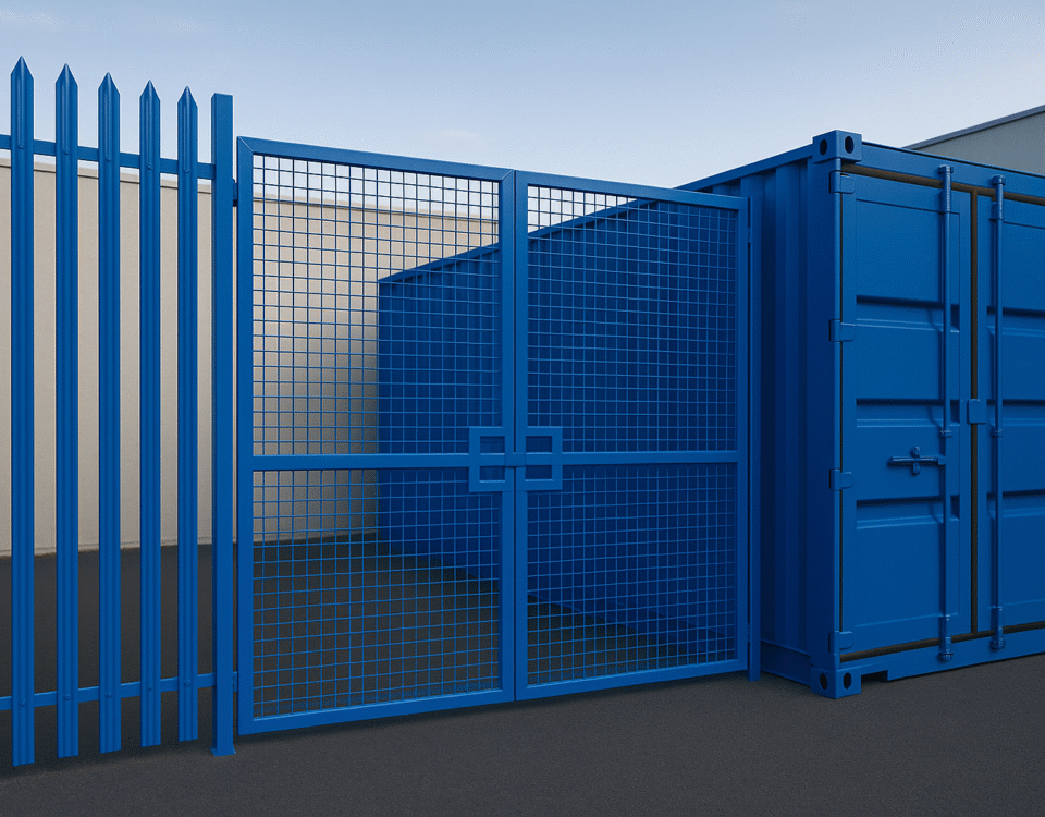 RAL 5010 blue shipping container with fenced yard and palisade security fence at Micro Yards, Linlithgow