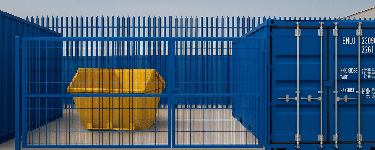 Yellow skip placed inside a fenced Micro Yard alongside a blue storage container in Linlithgow