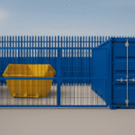 Yellow skip placed inside a fenced Micro Yard alongside a blue storage container in Linlithgow