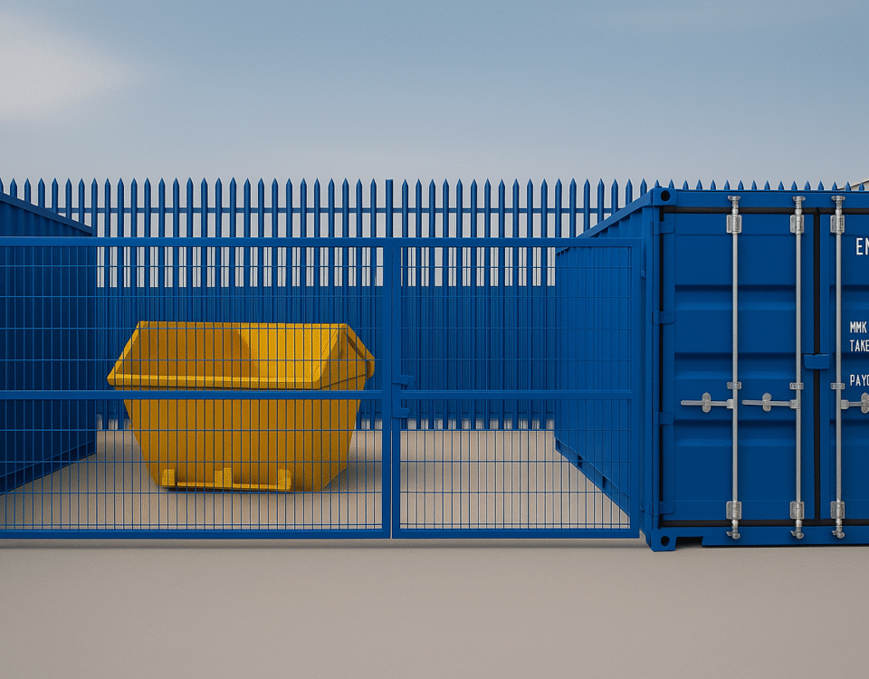 Yellow skip placed inside a fenced Micro Yard alongside a blue storage container in Linlithgow