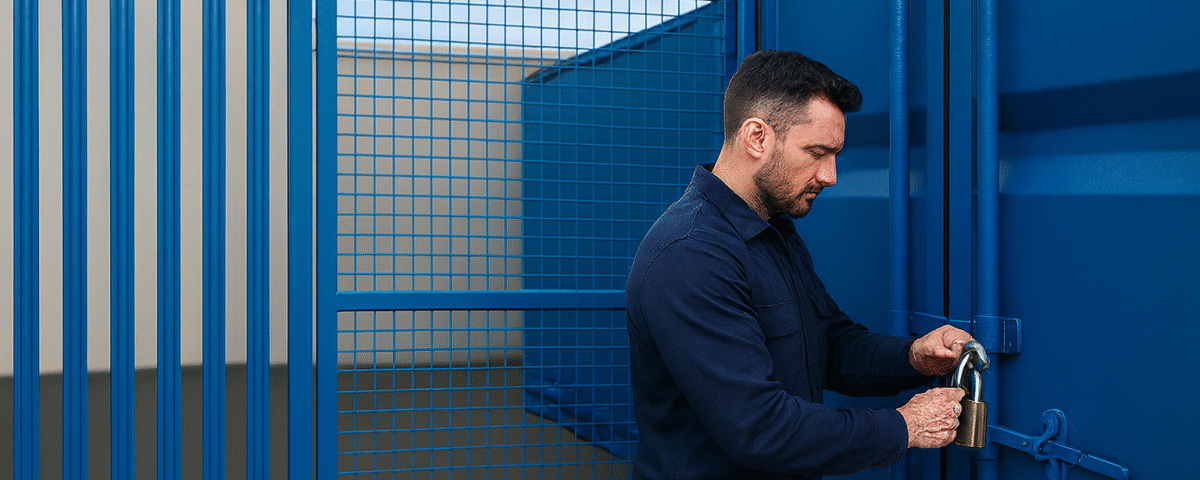 Tradesperson securing a blue storage container with a padlock inside a fenced Micro Yard in West Lothian.