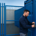 Tradesperson securing a blue storage container with a padlock inside a fenced Micro Yard in West Lothian.