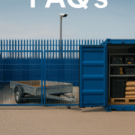 Blue Micro Yard container with open doors and storage shelves next to a secure yard fence and trailer, with bold “FAQ’s” text above